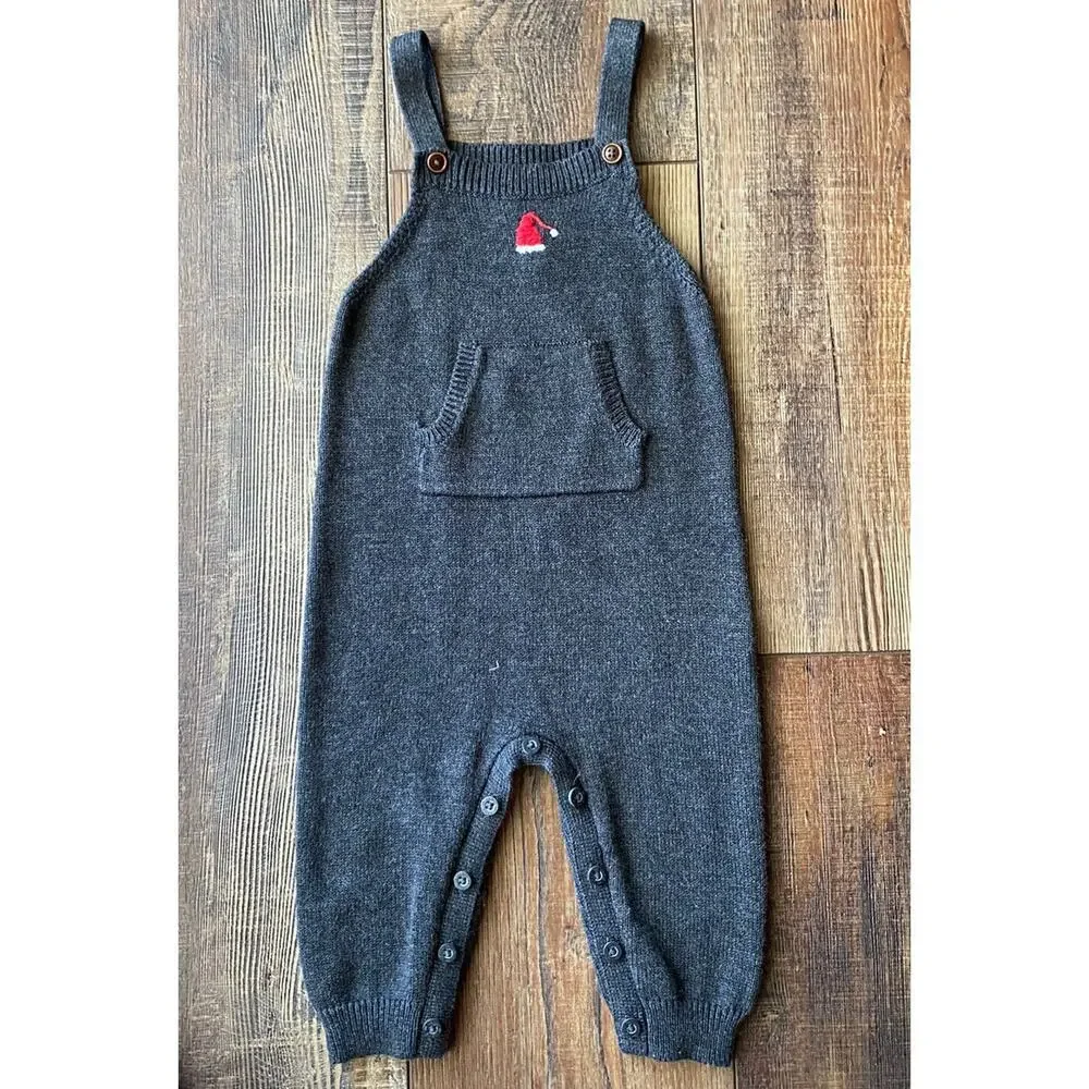 NWT JANIE AND JACK Christmas Santa Hat Sweater Overalls Jumper 0-3 Mo. Gray